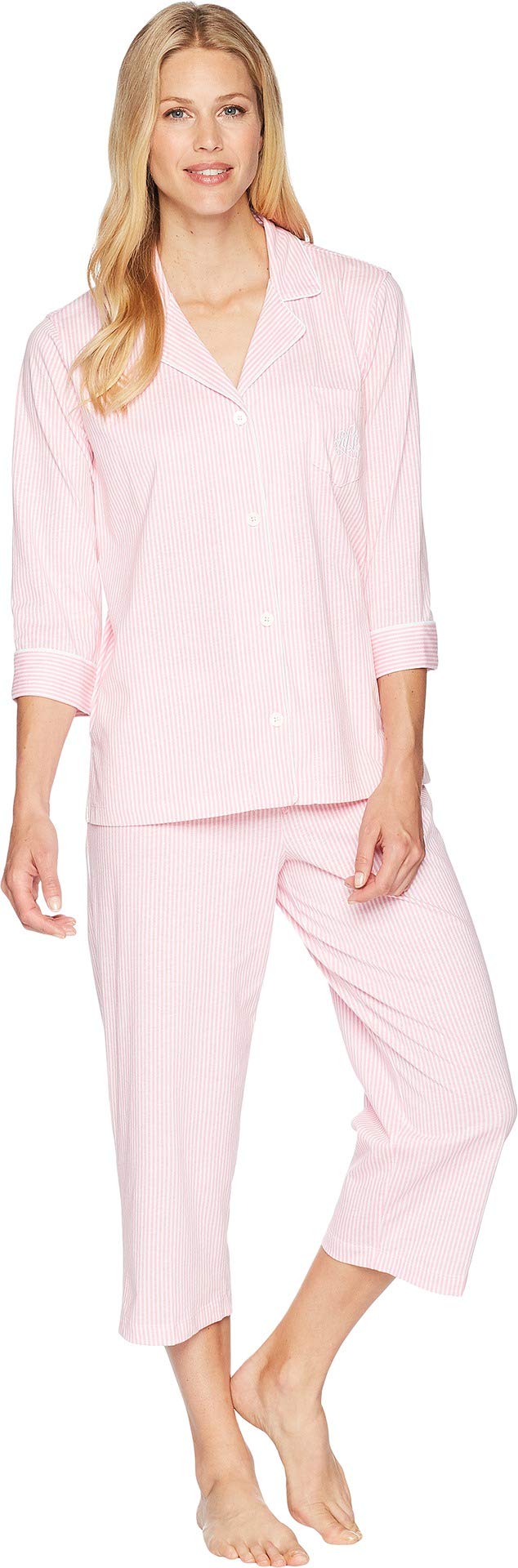 Ensemble pyjama Capri en maille à carreaux Lauren Ralph Lauren Essentials, rayures roses et blanches, taille XL (US 16-18)