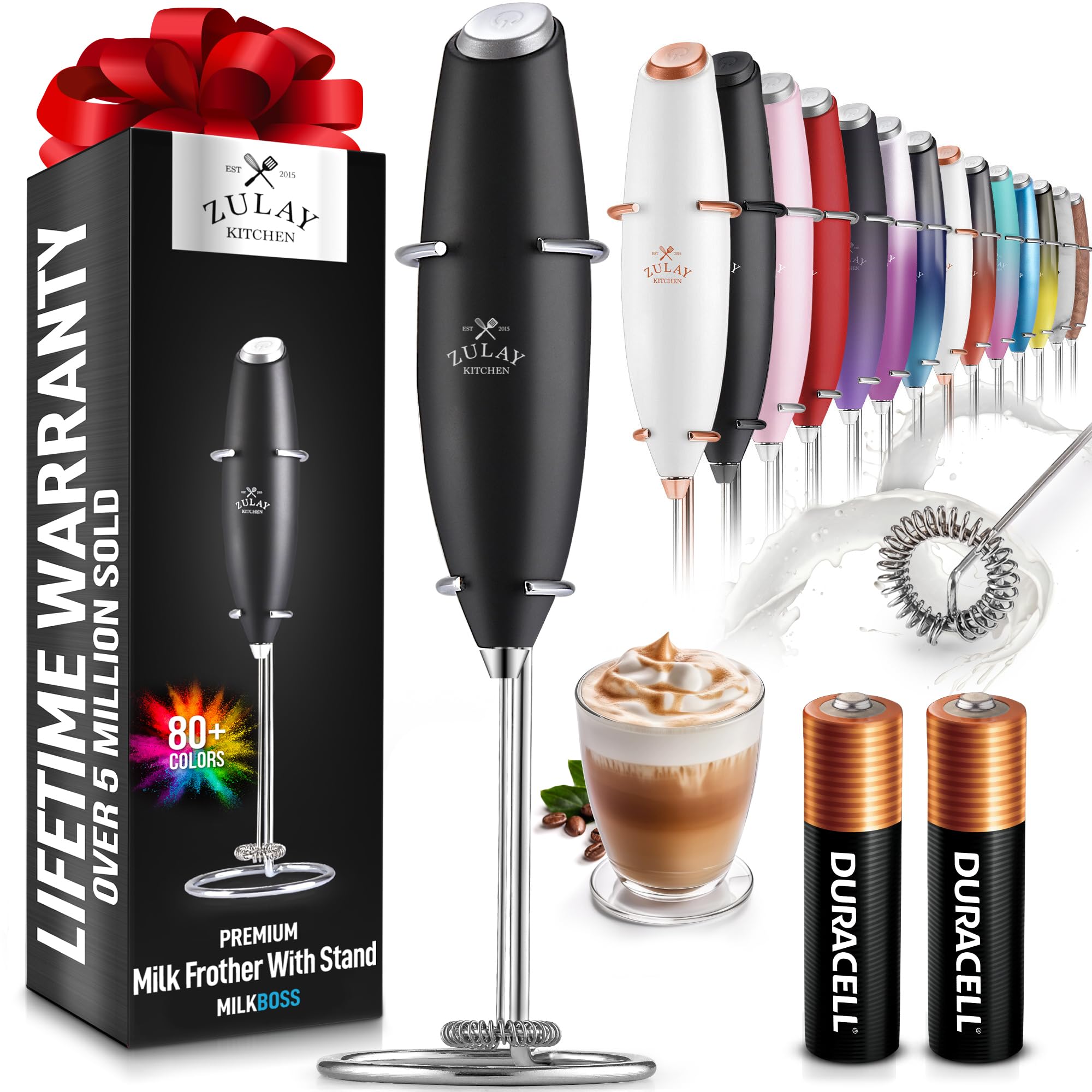 Mousseur à lait puissant Zulay Kitchen avec 2 piles Duracell - Mélangeur à boissons portatif ultra-rapide - Fouet électrique pour mousser le lait, cafés, lattes, cappuccinos, matchas, chocolats chauds et crèmes - Noir