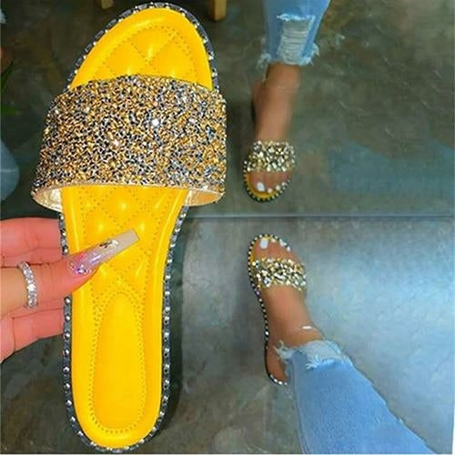 Pantoufles à cristaux pour femmes, ballerines à strass, chaussures de plage d'été