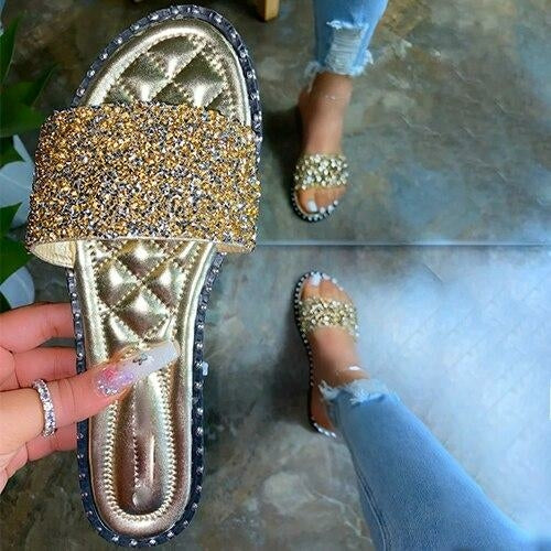Pantoufles à cristaux pour femmes, ballerines à strass, chaussures de plage d'été