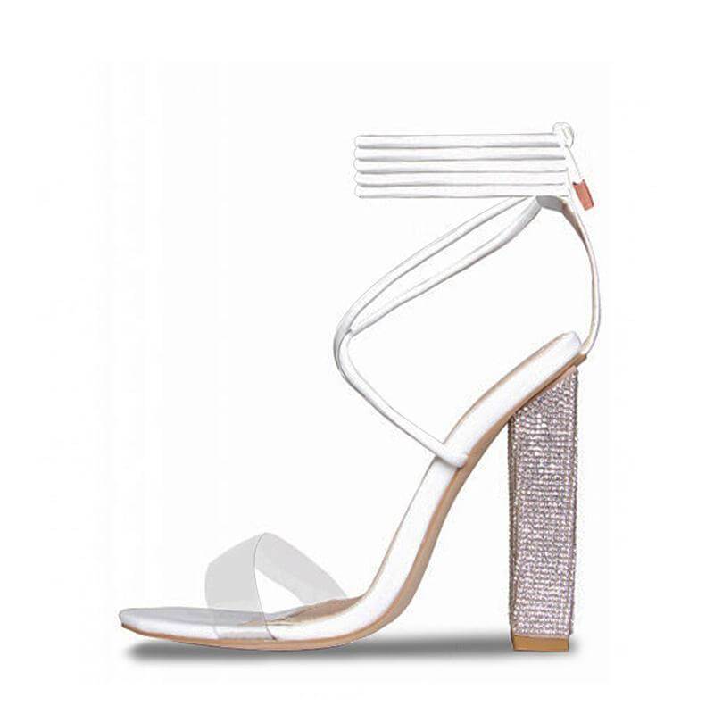 Sandales à talons hauts et épais, ceinture transparente blanche, bout ouvert