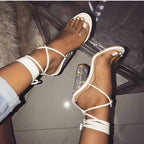 Sandales à talons hauts et épais, ceinture transparente blanche, bout ouvert