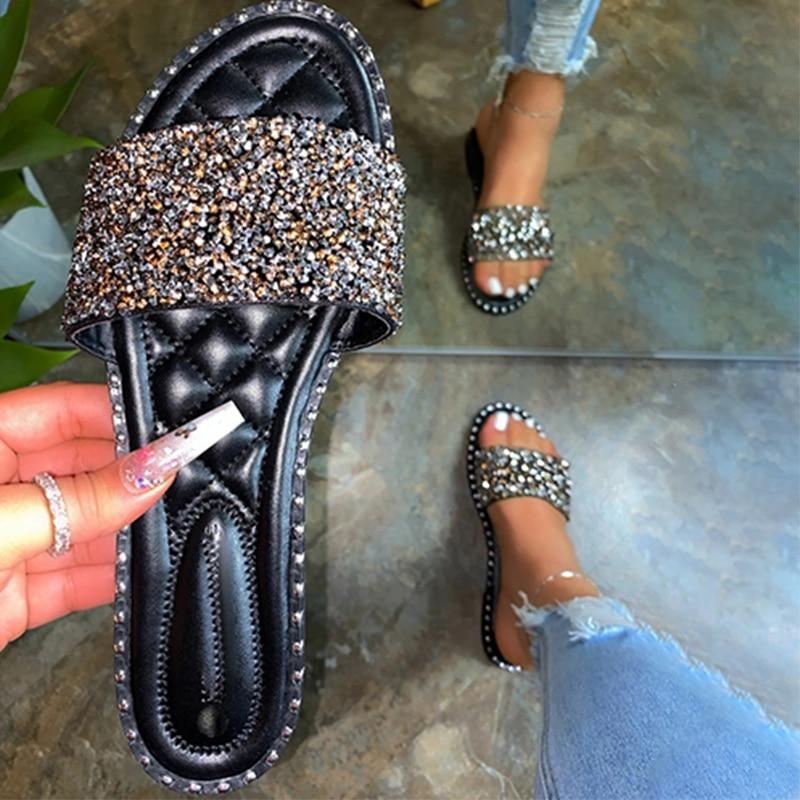 Pantoufles à cristaux pour femmes, ballerines à strass, chaussures de plage d'été