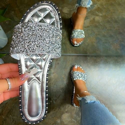 Pantoufles à cristaux pour femmes, ballerines à strass, chaussures de plage d'été