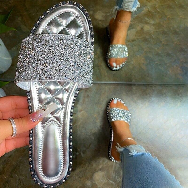 Pantoufles à cristaux pour femmes, ballerines à strass, chaussures de plage d'été