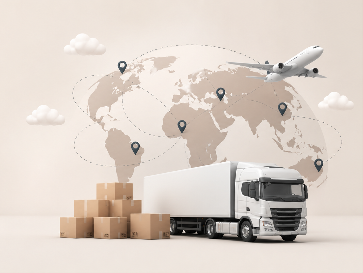 Bannière e-commerce montrant une livraison mondiale avec avion et colis pour expédition rapide à domicile