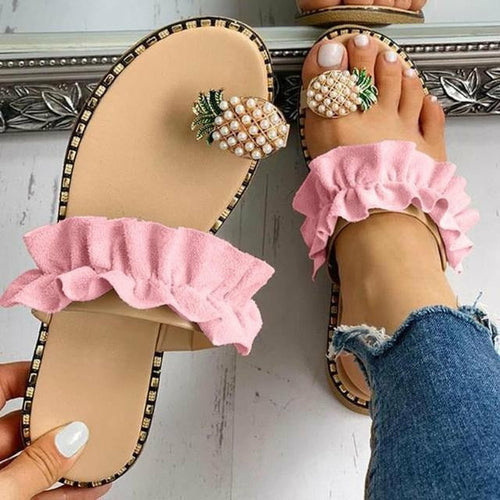 Sandales plates décontractées pour femmes, motif ananas et perles