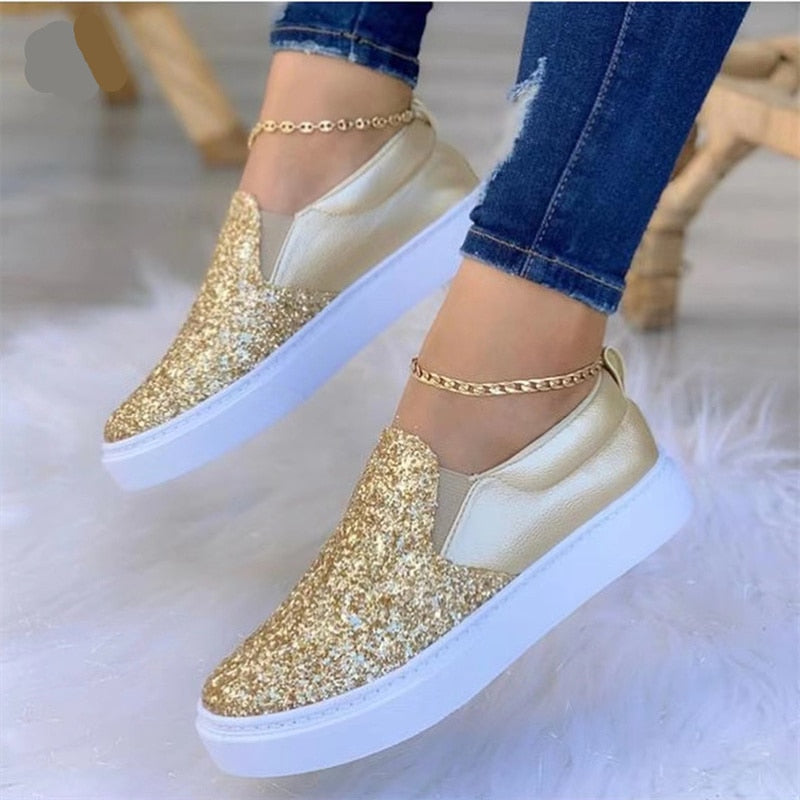 Mocassins plats à paillettes pour femme, noir/or rose/noir/or