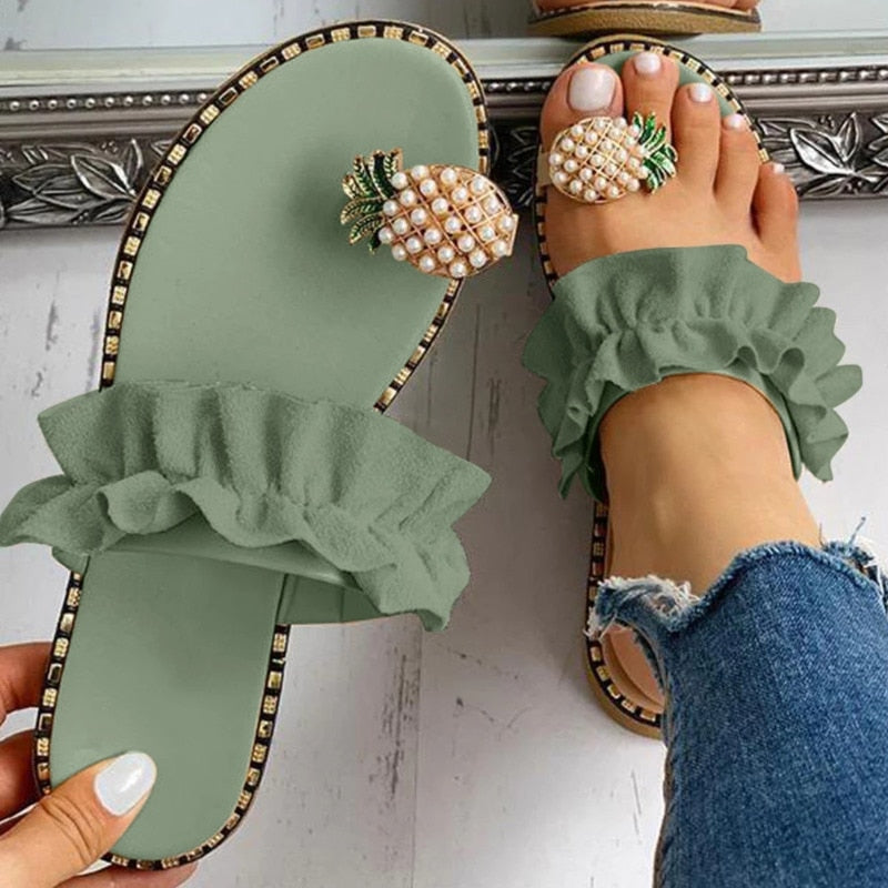 Sandales plates décontractées pour femmes, motif ananas et perles
