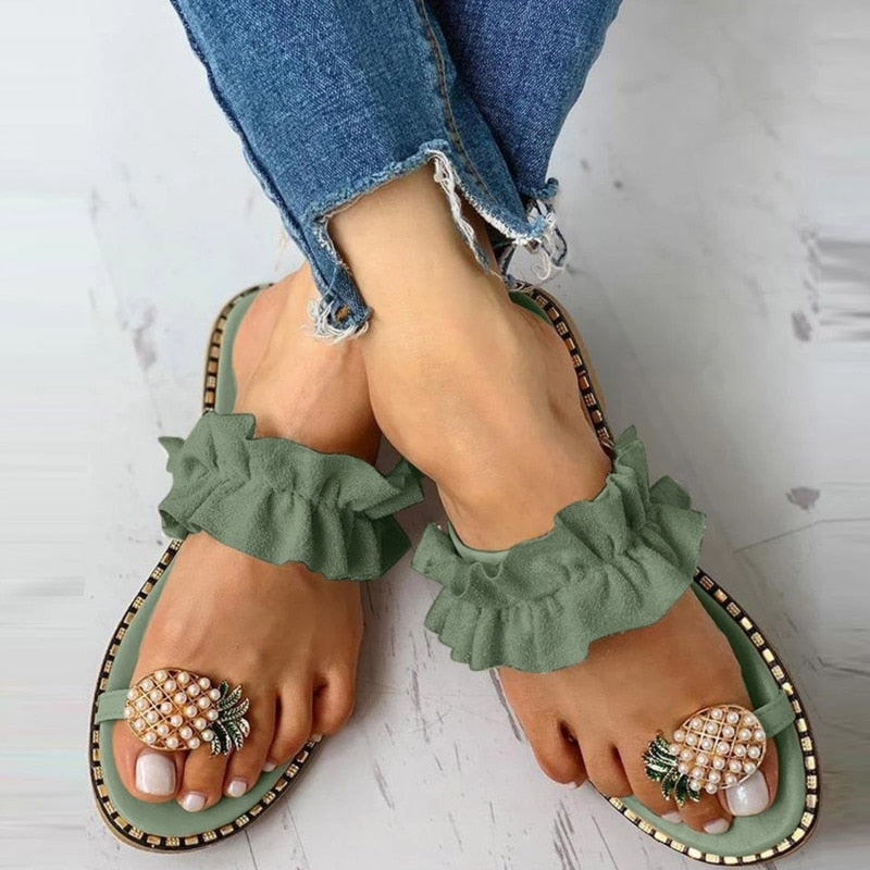 Sandales plates décontractées pour femmes, motif ananas et perles