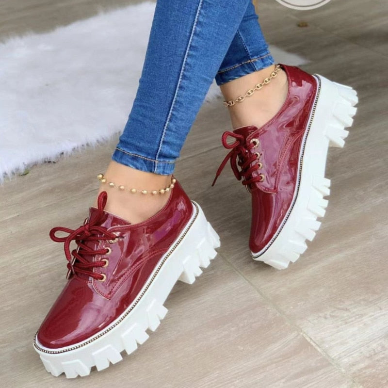 Chaussures Oxford plates à plateforme et talon épais pour femmes, rose/rouge/noir