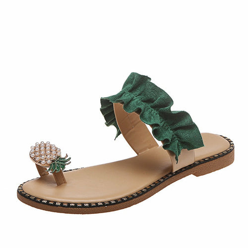 Sandales plates décontractées pour femmes, motif ananas et perles