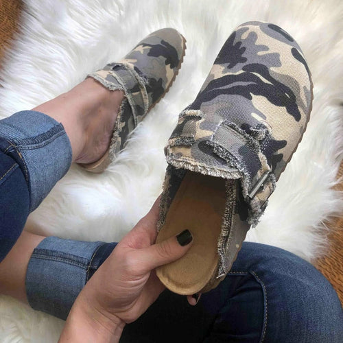 Mocassins en toile à bout rond et talon plat pour femmes, style vintage