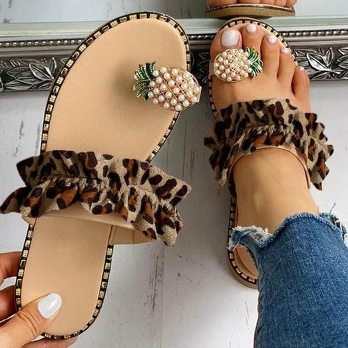 Sandales plates décontractées pour femmes, motif ananas et perles