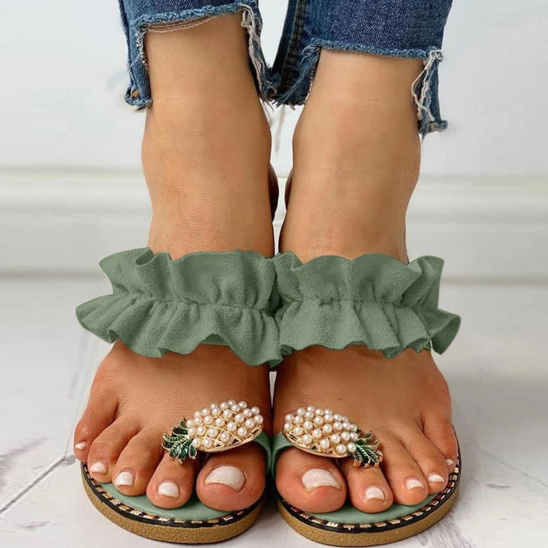 Sandales plates décontractées pour femmes, motif ananas et perles