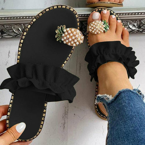 Sandales plates décontractées pour femmes, motif ananas et perles