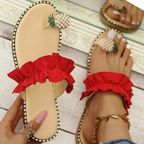 Sandales plates décontractées pour femmes, motif ananas et perles