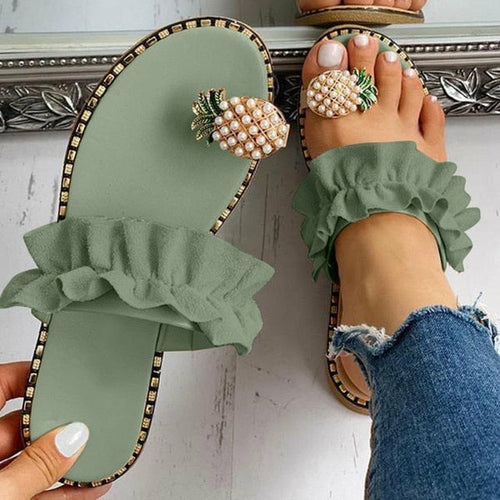 Sandales plates décontractées pour femmes, motif ananas et perles