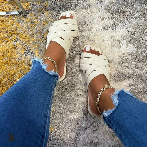 Pantoufles plates d'été décontractées en cuir pour femmes, bleu/rose/beige