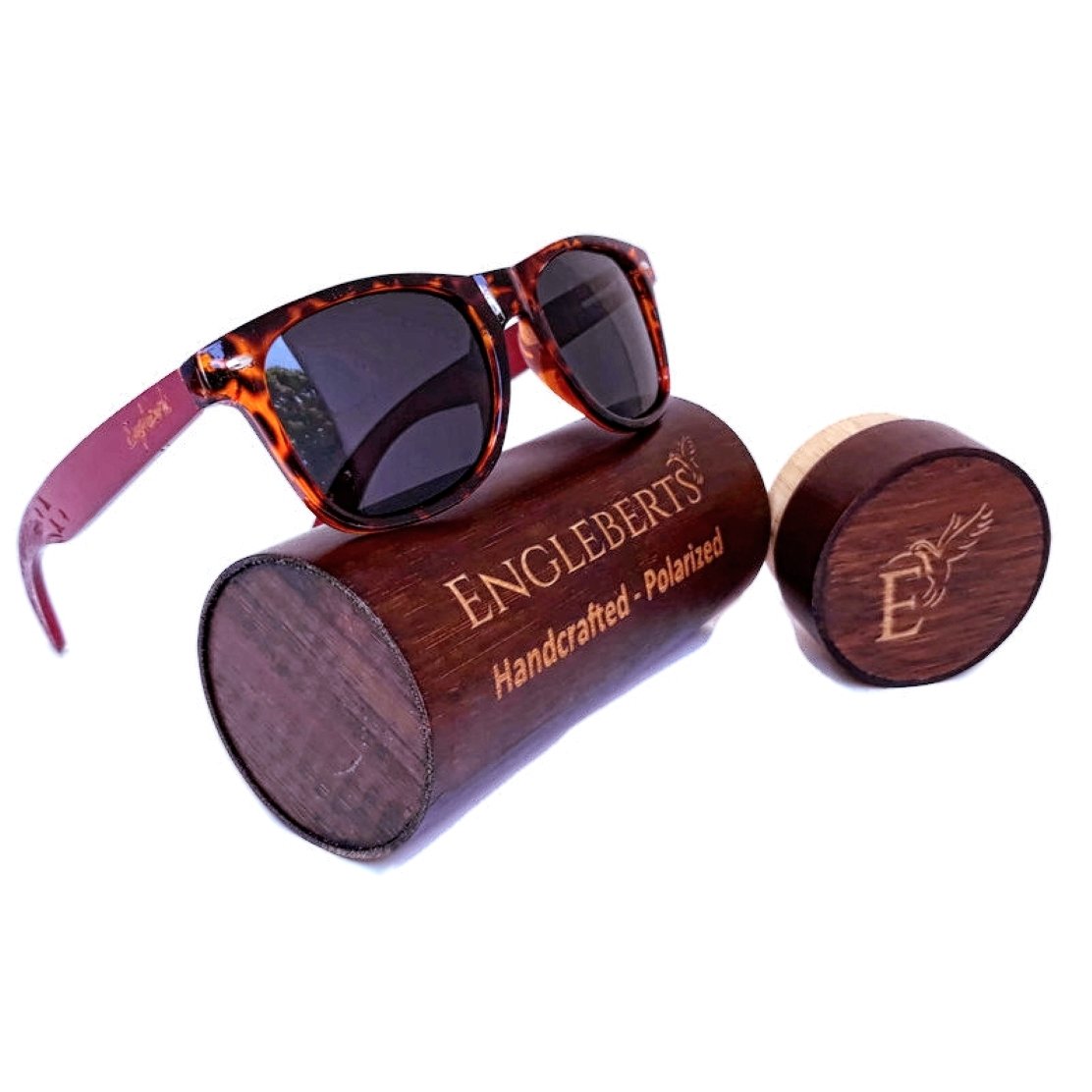 Lunettes de soleil à monture écaille de tortue en bambou rouge avec étui en bois, gravure artisanale