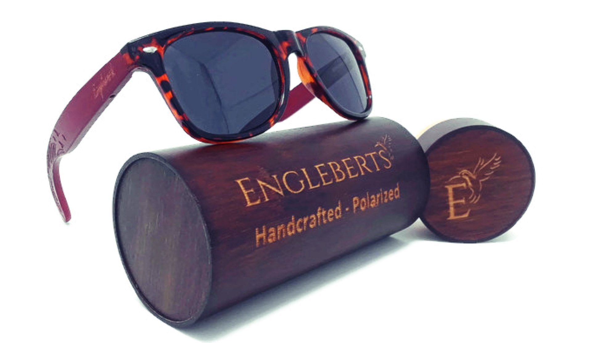 Lunettes de soleil à monture écaille de tortue en bambou rouge avec étui en bois, gravure artisanale