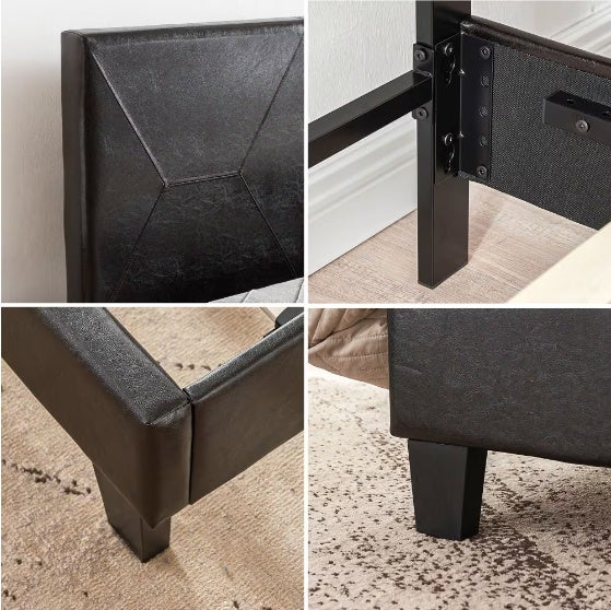 Cadre de lit plateforme rembourré Queen size, montage facile, noir, PU