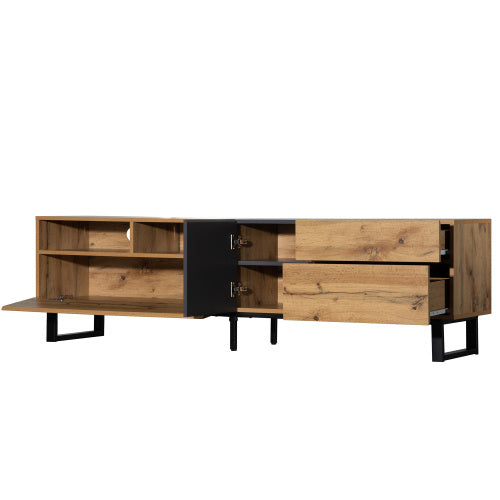 Meuble TV moderne pour téléviseur 80 pouces avec double espace de rangement, console multimédia, centre de divertissement avec porte abattante pour salon