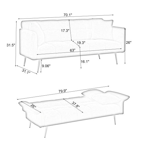 70.1 Inches  Futon Sofa Bed, Convertible Double Sofa Bed With Folding Armrests For Living Rooms And Small Spaces