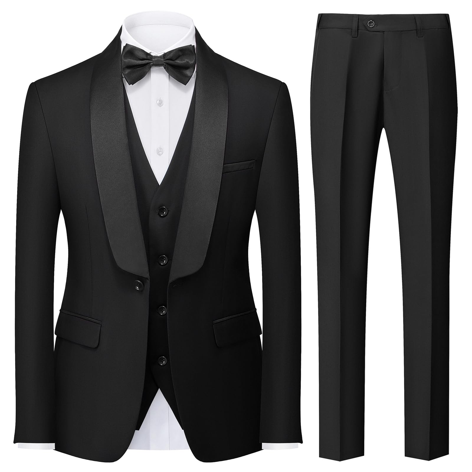Costume smoking 3 pièces pour homme, veste à revers châle à un bouton, coupe ajustée, idéal pour mariage ou bal de promo, blazer, gilet et pantalon, noir, taille XXL.