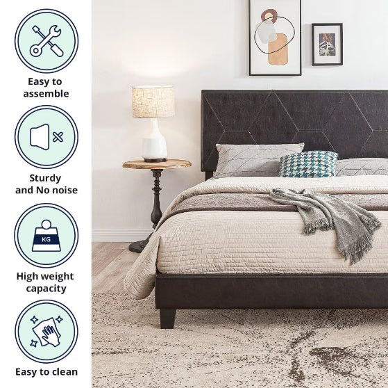 Cadre de lit plateforme rembourré Queen size, montage facile, noir, PU