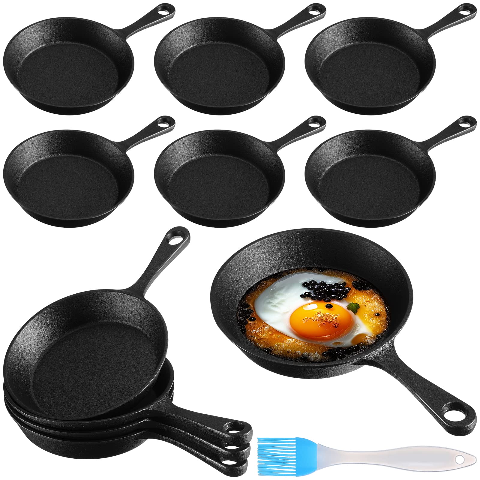 ENSEMBLE DE 10 MINI POÊLES EN FONTE, PETITE POÊLE EN FONTE NOIRE, MINI PLAQUE À GRILLER, POÊLES EN FONTE, MINI POÊLE À FRIRE, ENSEMBLE EN FONTE AVEC BROSSE À HUILE POUR CUISINE INTÉRIEURE/EXTÉRIEURE DE RESTAURANT (ROND)