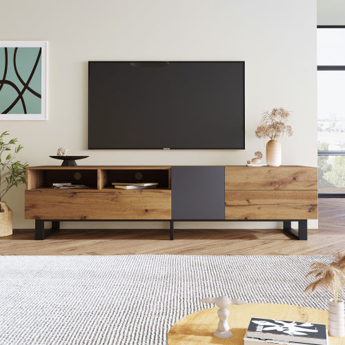 Meuble TV moderne pour téléviseur 80 pouces avec double espace de rangement, console multimédia, centre de divertissement avec porte abattante pour salon