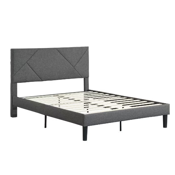 Cadre de lit plateforme rembourré Queen-size, soutenu par des barres en bois, facile à assembler, gris