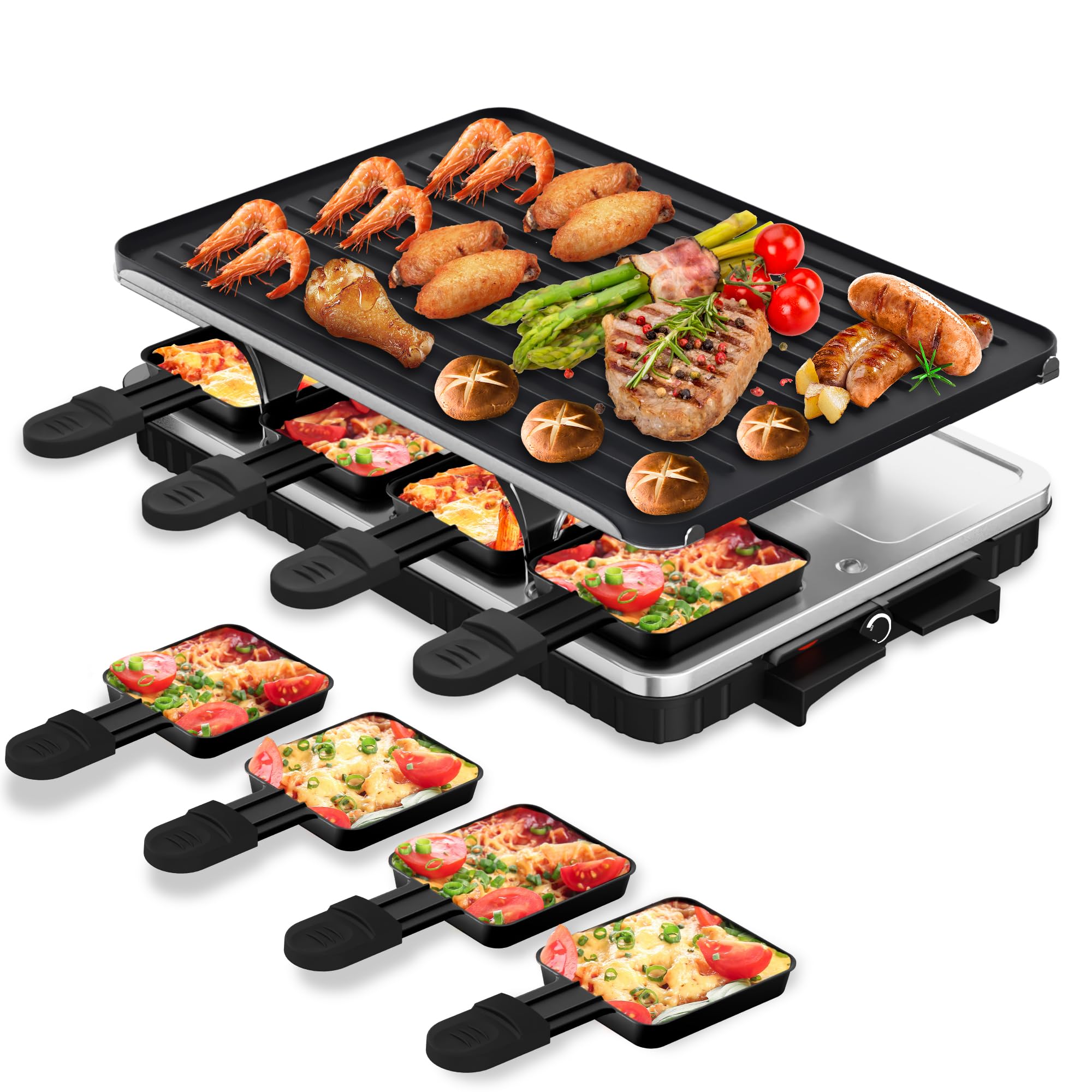 Appareil à raclette électrique HBN avec 8 plateaux chauffants et plaque de cuisson réversible pour barbecue de table, idéal pour les réunions de famille et les repas en intérieur.