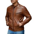 Veste en cuir classique intemporelle Jild pour homme - Style motard, véritable cuir d'agneau, look vintage café racer (M10-Cognac-S)