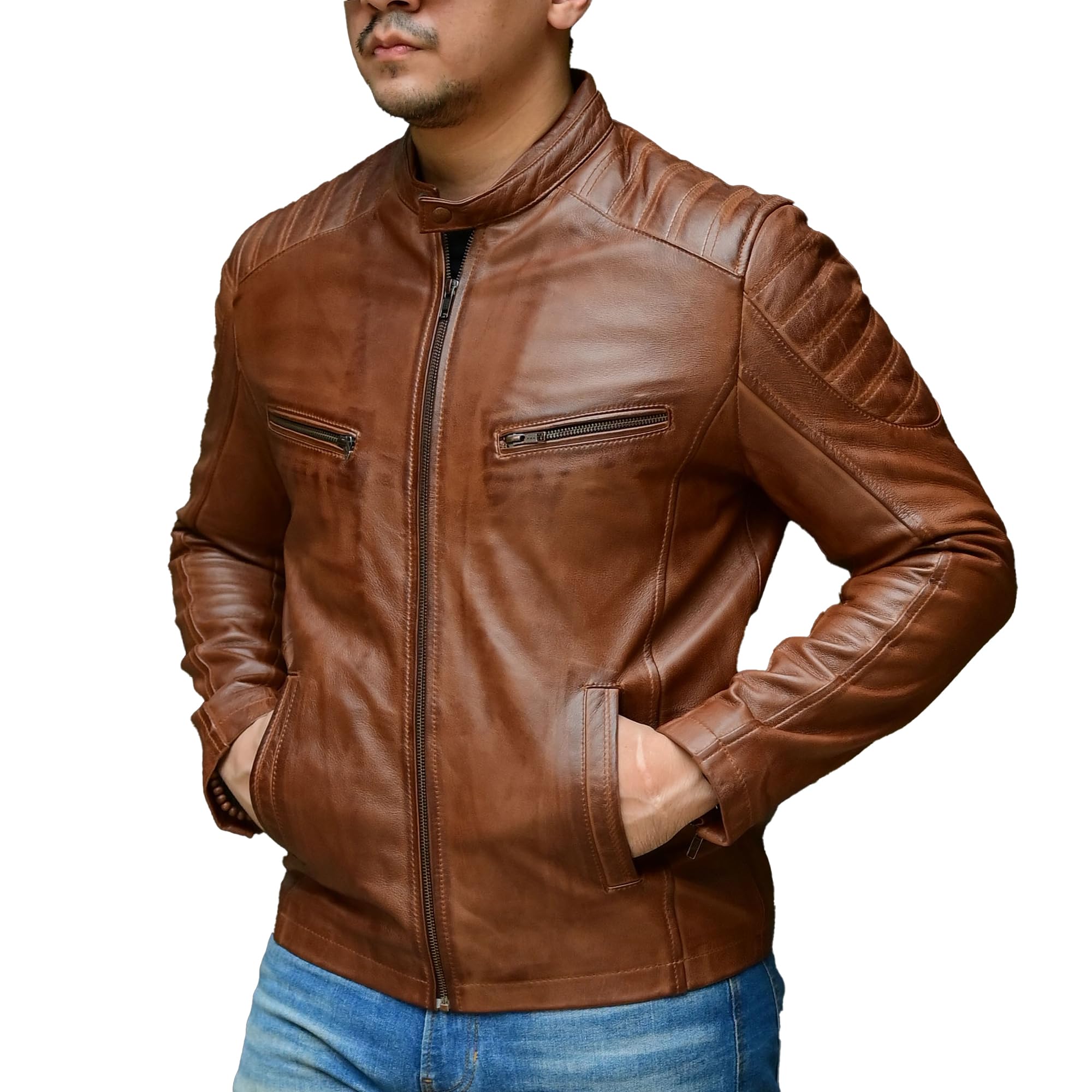 Veste en cuir classique intemporelle Jild pour homme - Style motard, véritable cuir d'agneau, look vintage café racer (M10-Cognac-S)