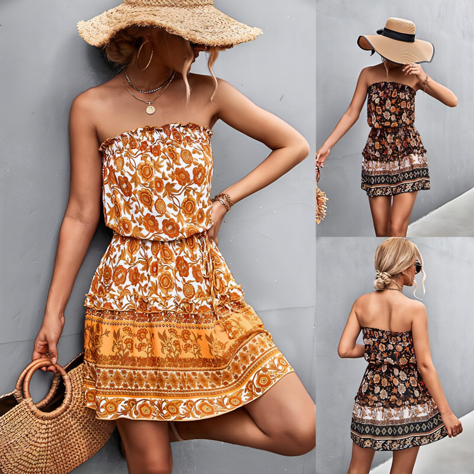 Robe bustier bohème à imprimé floral pour femme, idéale pour l'été et la plage.
