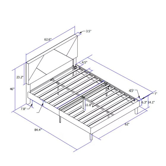 Cadre de lit plateforme rembourré Queen-size, soutenu par des barres en bois, facile à assembler, gris