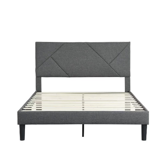 Cadre de lit plateforme rembourré Queen-size, soutenu par des barres en bois, facile à assembler, gris