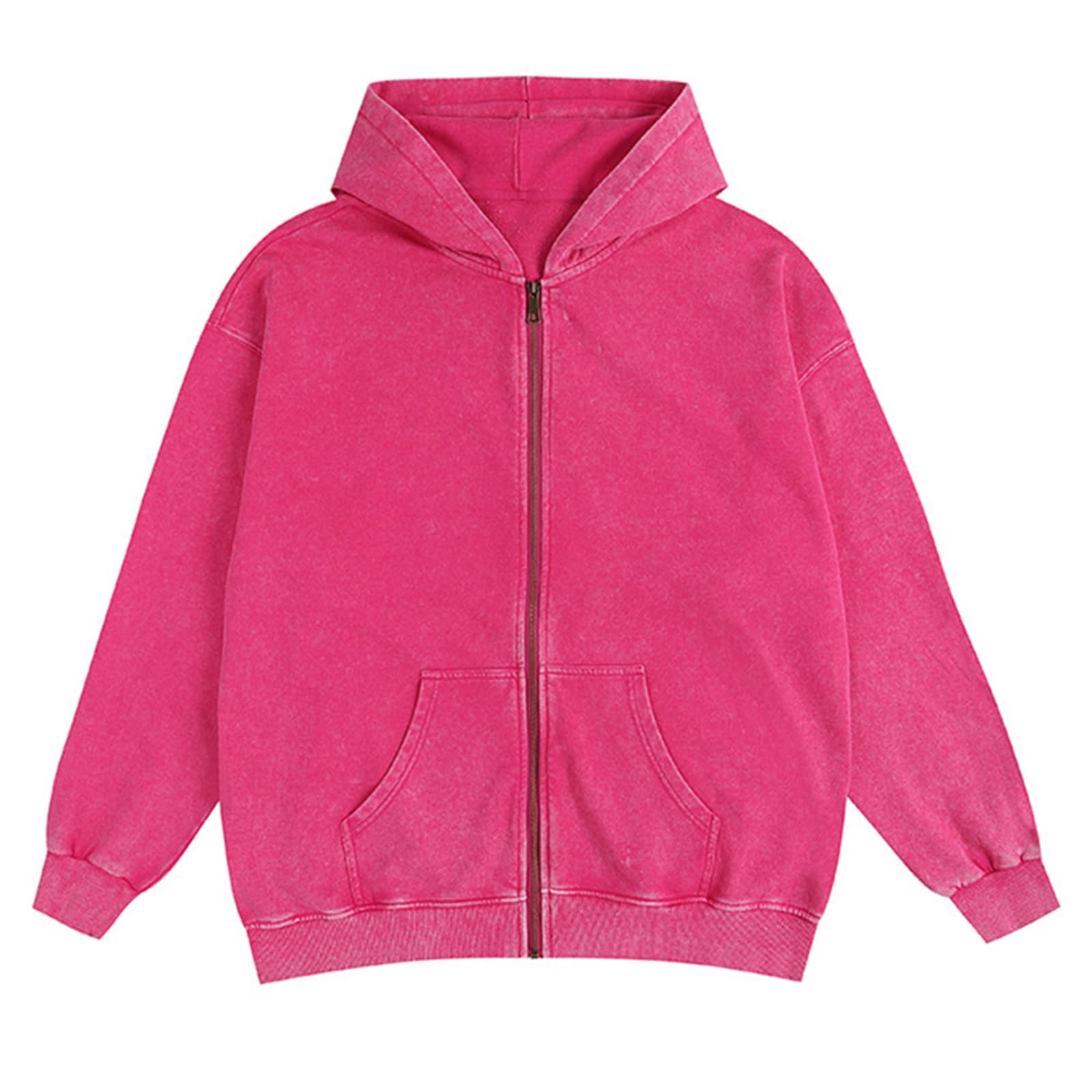 Sweat à capuche zippé SnowElve pour homme et femme, style vintage délavé, oversize, streetwear (rose, taille 2XL)