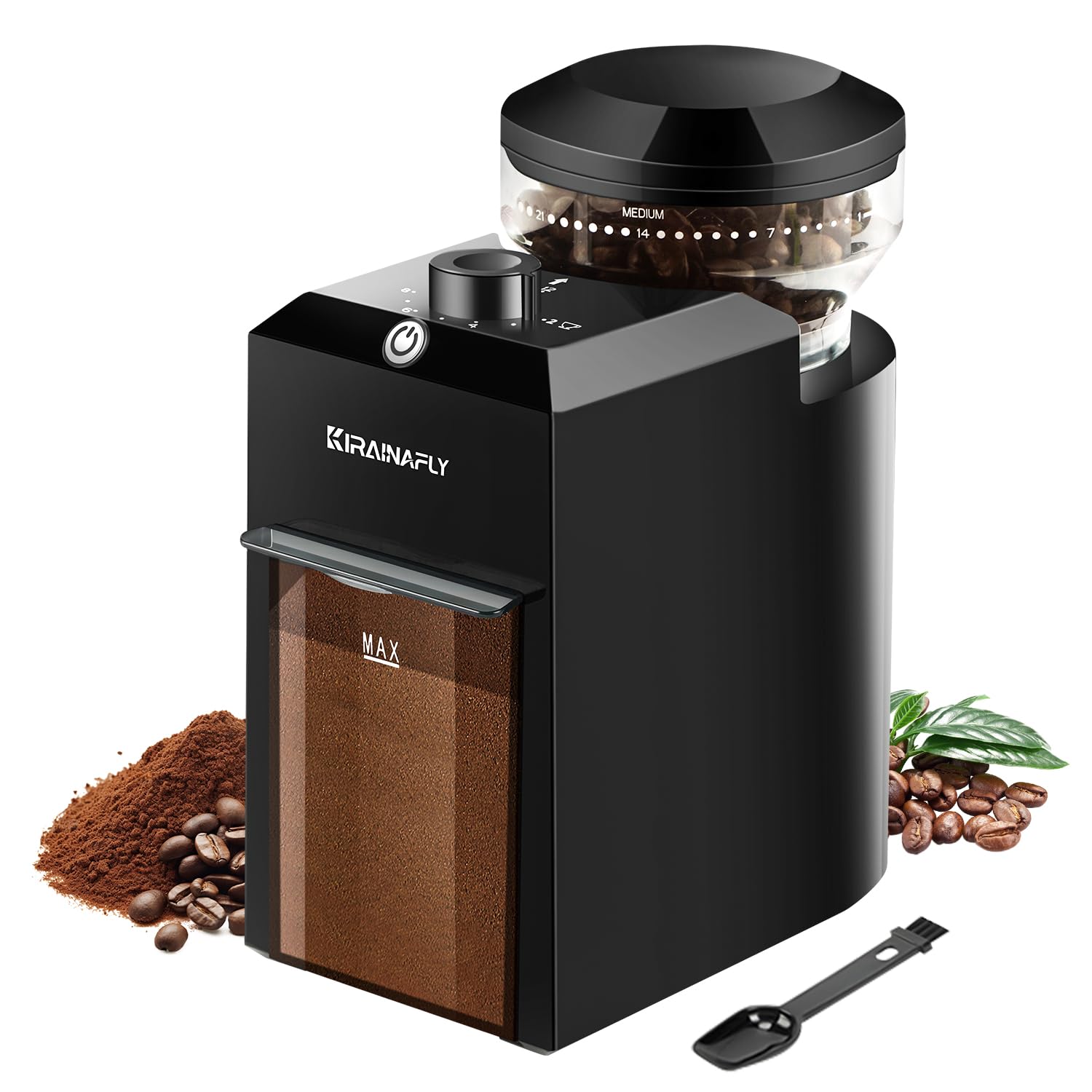 Moulin à café électrique KIRAINAFLY à meules réglables avec 28 réglages de mouture précis pour café filtre, cafetière à piston et expresso. Capacité : 12 tasses. Couleur : Noir.
