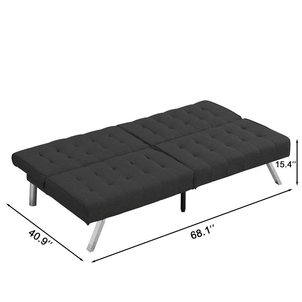 FUTON, CANAPÉ-LIT NOIR, STRUCTURE EN BOIS, PIEDS EN INOX