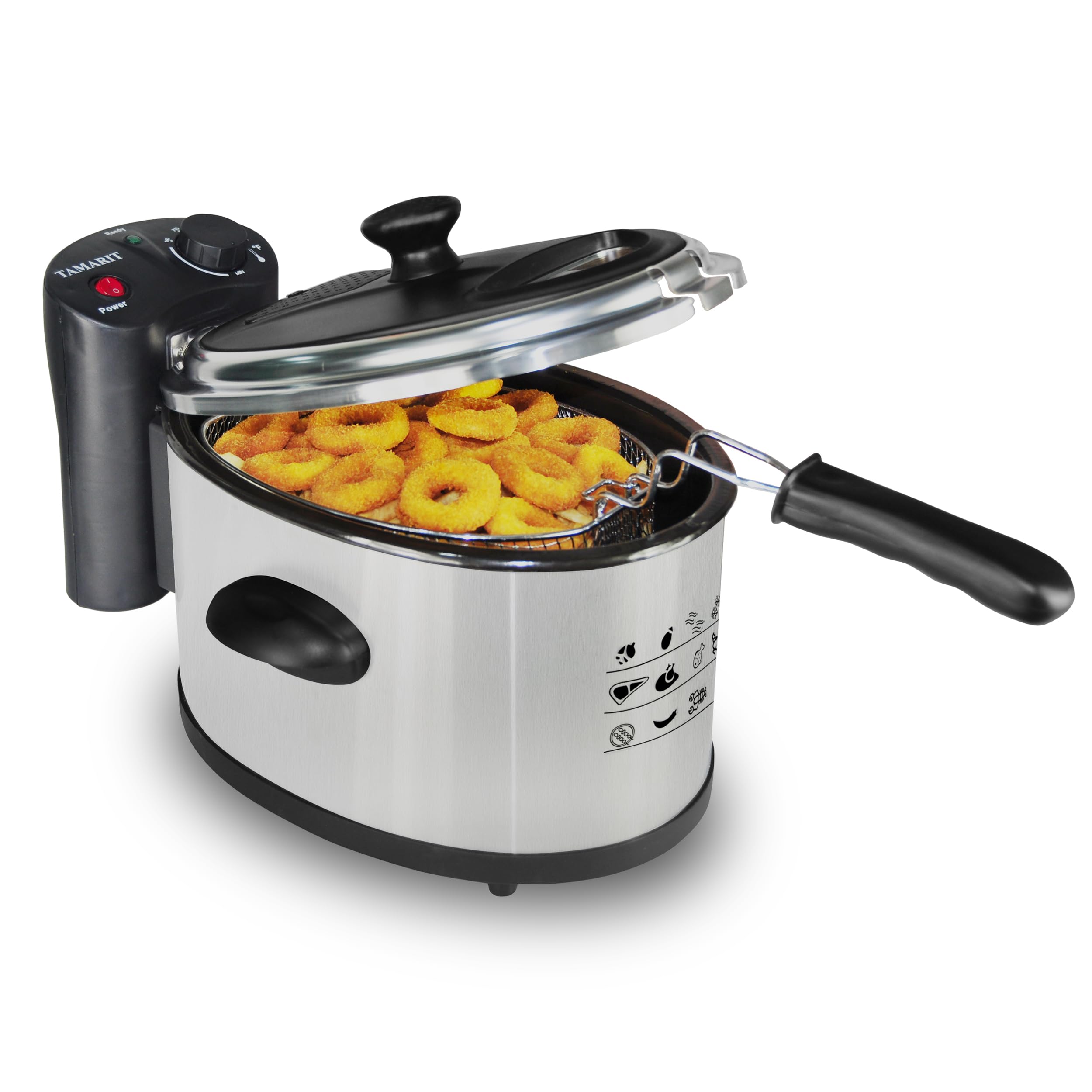 Friteuse TAMARIT 3,5 L avec panier pour usage domestique. Friteuse électrique 1800 W avec contrôle de la température, hublot et couvercle filtre. Forme ovale. Idéale pour frire le poisson et le poulet. Acier inoxydable et noir.