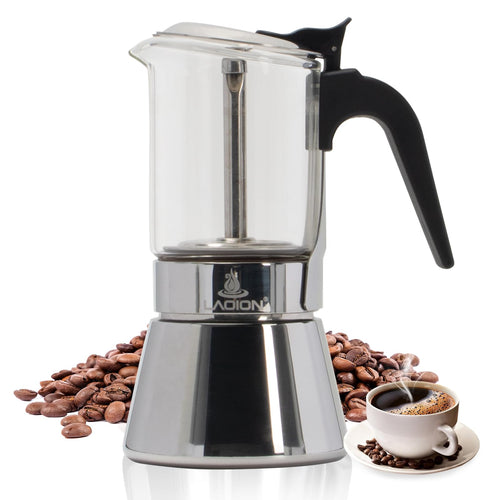 Cafetière italienne LAOION, cafetière moka classique avec couvercle en verre cristal et acier inoxydable, cafetière moka grecque, cafetière cubaine et italienne pour cafetière cubaine (160 ml)