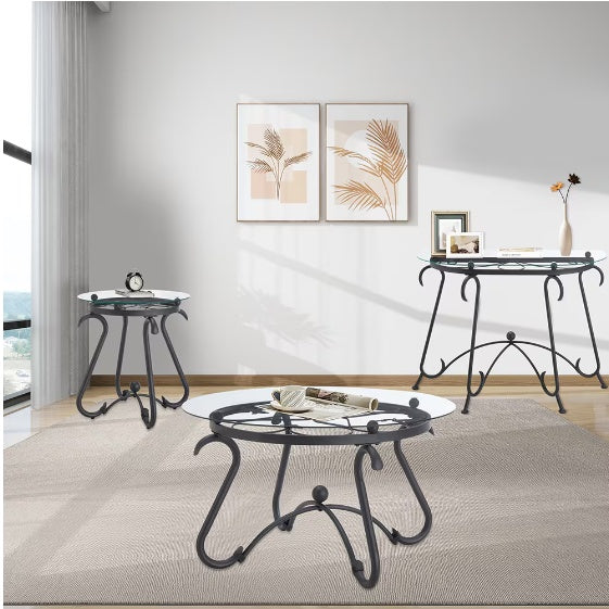 Ensemble de 2 tables basses en verre trempé avec table basse décorative et table d'appoint ronde