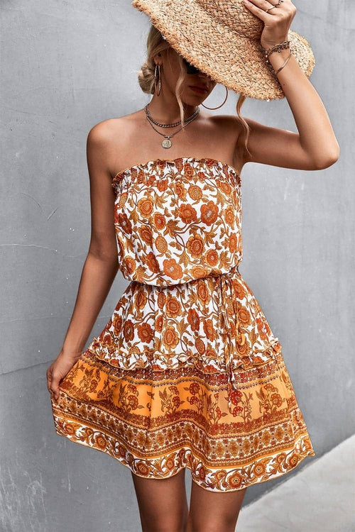 Robe bustier bohème à imprimé floral pour femme, idéale pour l'été et la plage.