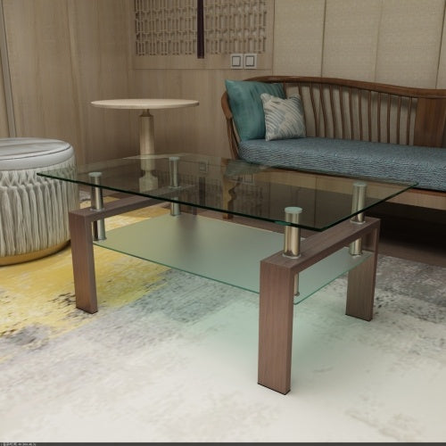 Table basse rectangulaire en verre et noyer, table basse transparente, table d'appoint moderne pour salon
