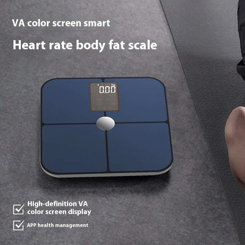 Balance électronique intelligente à écran couleur VA avec mesure précise de la fréquence cardiaque et du taux de masse grasse.