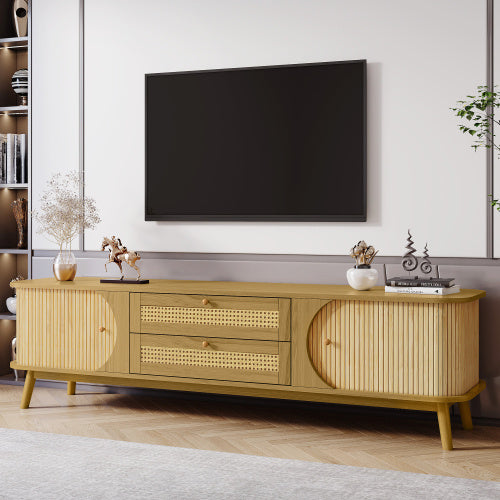 Meuble TV en rotin pour téléviseurs jusqu'à 75 pouces, style ferme moderne, console multimédia avec pieds en bois massif, meuble TV pour salon ou home cinéma.