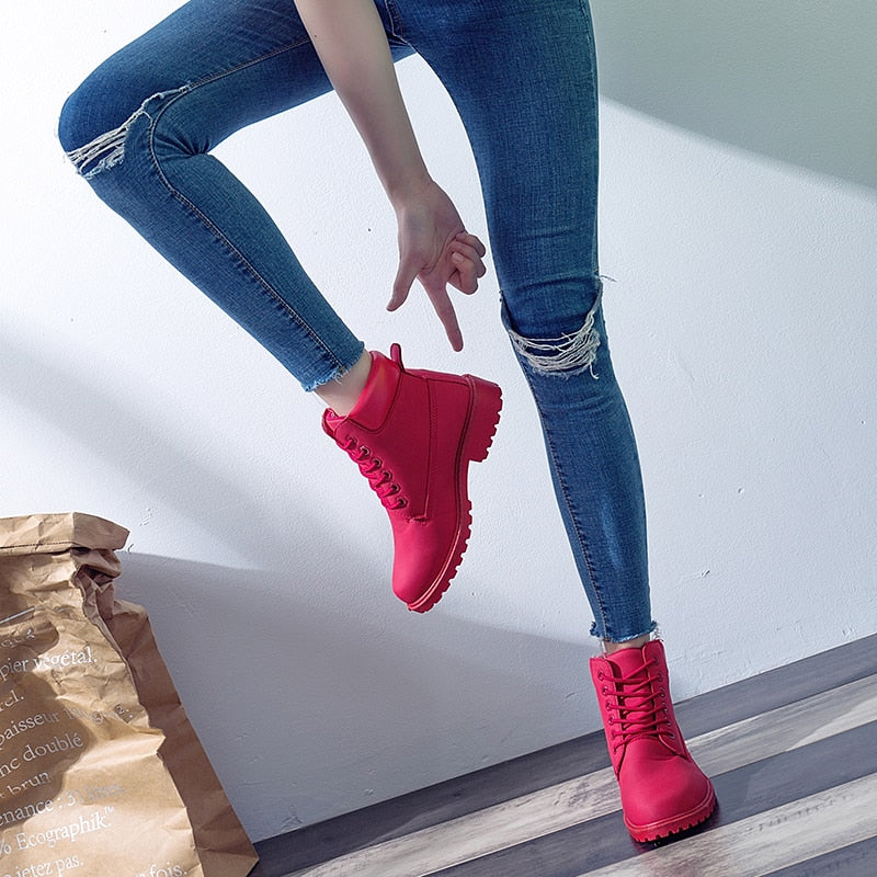 Bottines Martin roses en cuir PU pour femmes, chaussures plates à la cheville